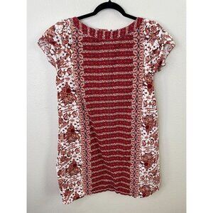 Via La Floral Red & White Short-Sleeve Tunic Dress M Lightweight Boho Style
